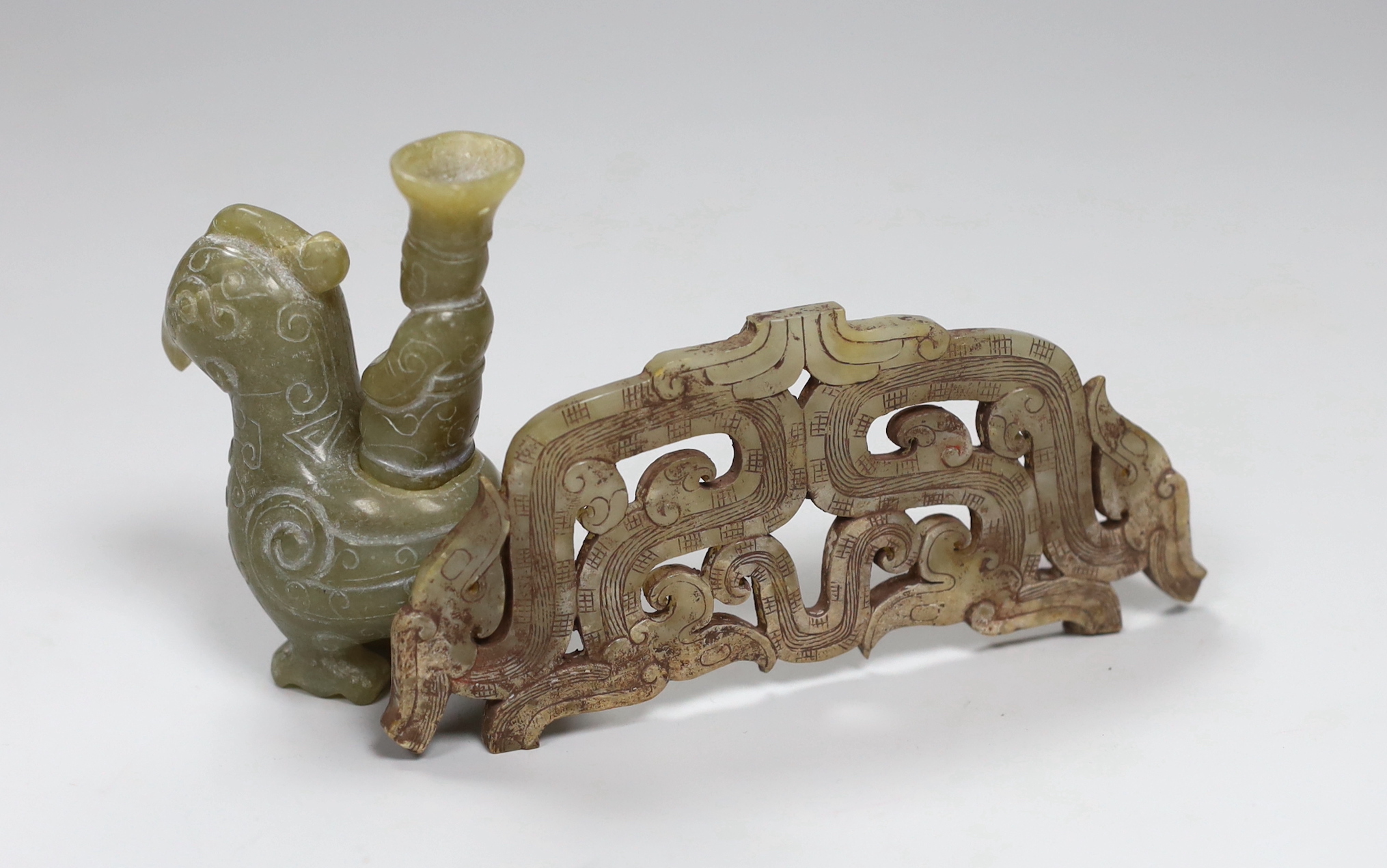 A Chinese archaistic jade plaque and an archaistic jade two figure group, plaque 13.4cm